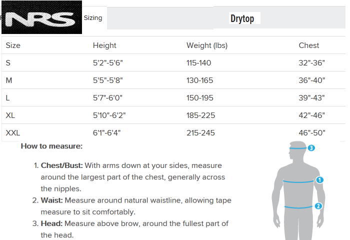 nrs wsizechart2015 - カヤック関係アパレル　サイズ比較
