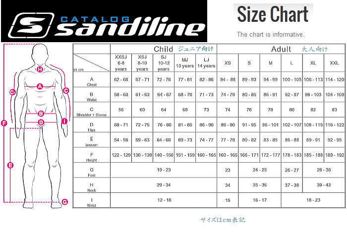 sandl sizechart2015 - カヤック関係アパレル　サイズ比較